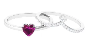 1.25 CT Heart Shape Rhodolite and Diamond Ring Set