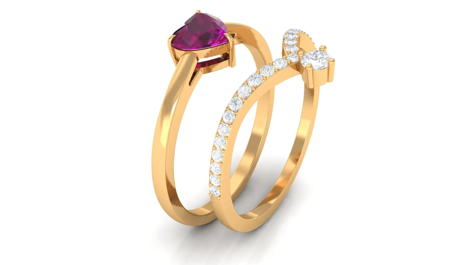 1.25 CT Heart Shape Rhodolite and Diamond Ring Set