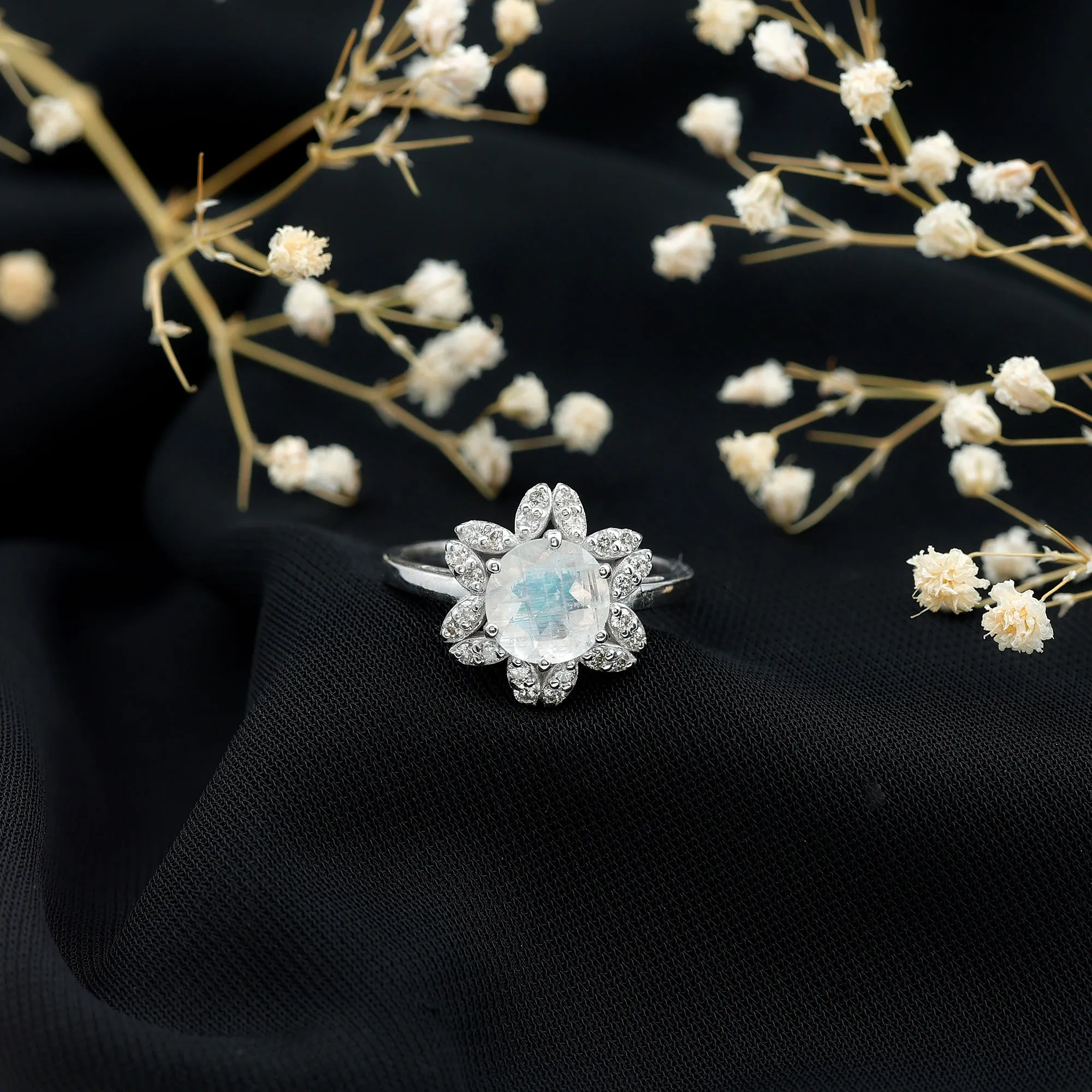 1.25 CT Moonstone and Diamond Floral Halo Ring
