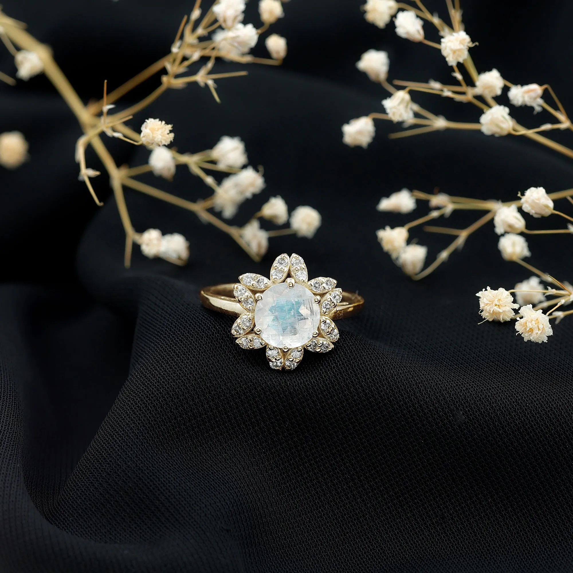1.25 CT Moonstone and Diamond Floral Halo Ring