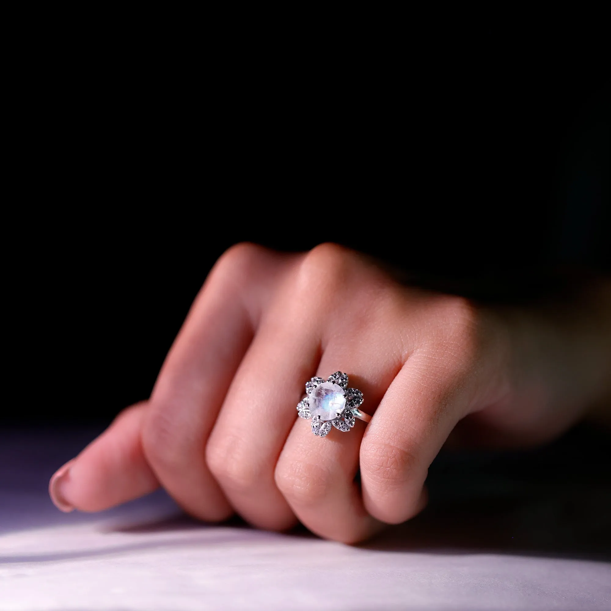 1.25 CT Moonstone and Diamond Floral Halo Ring