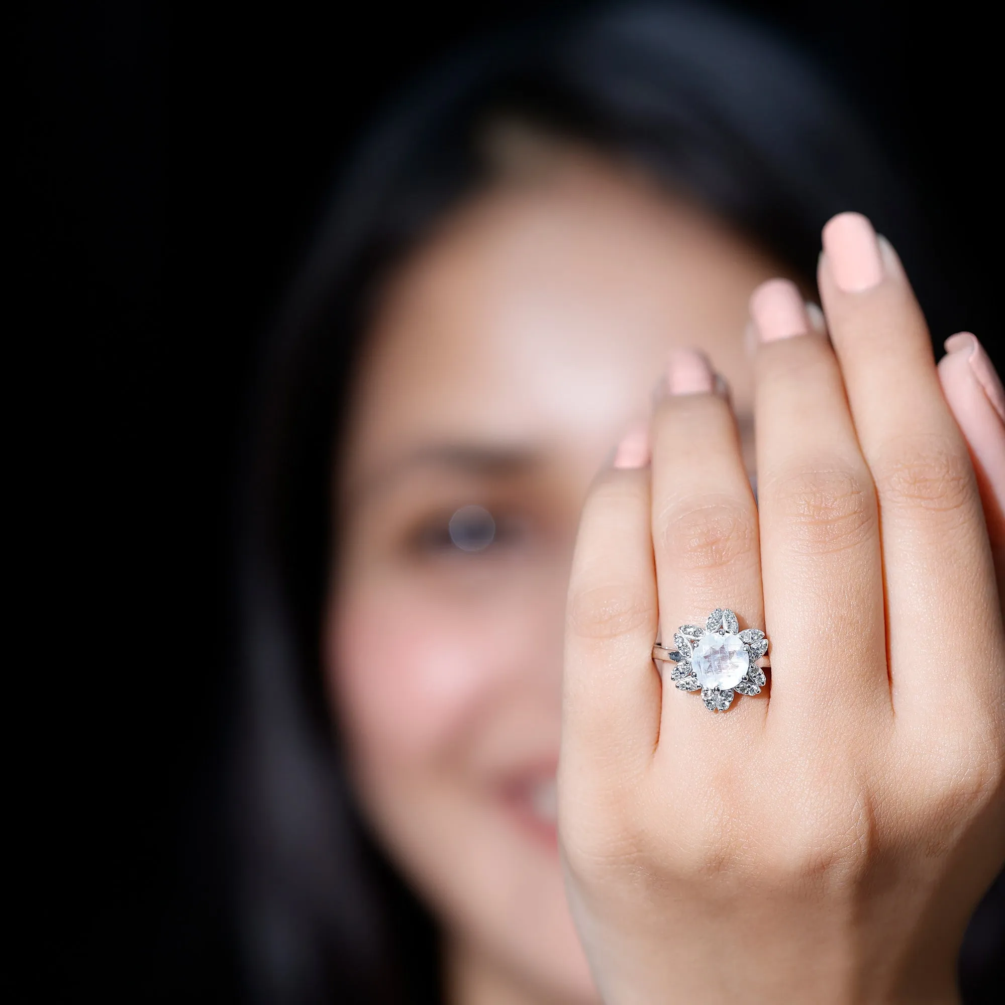 1.25 CT Moonstone and Diamond Floral Halo Ring