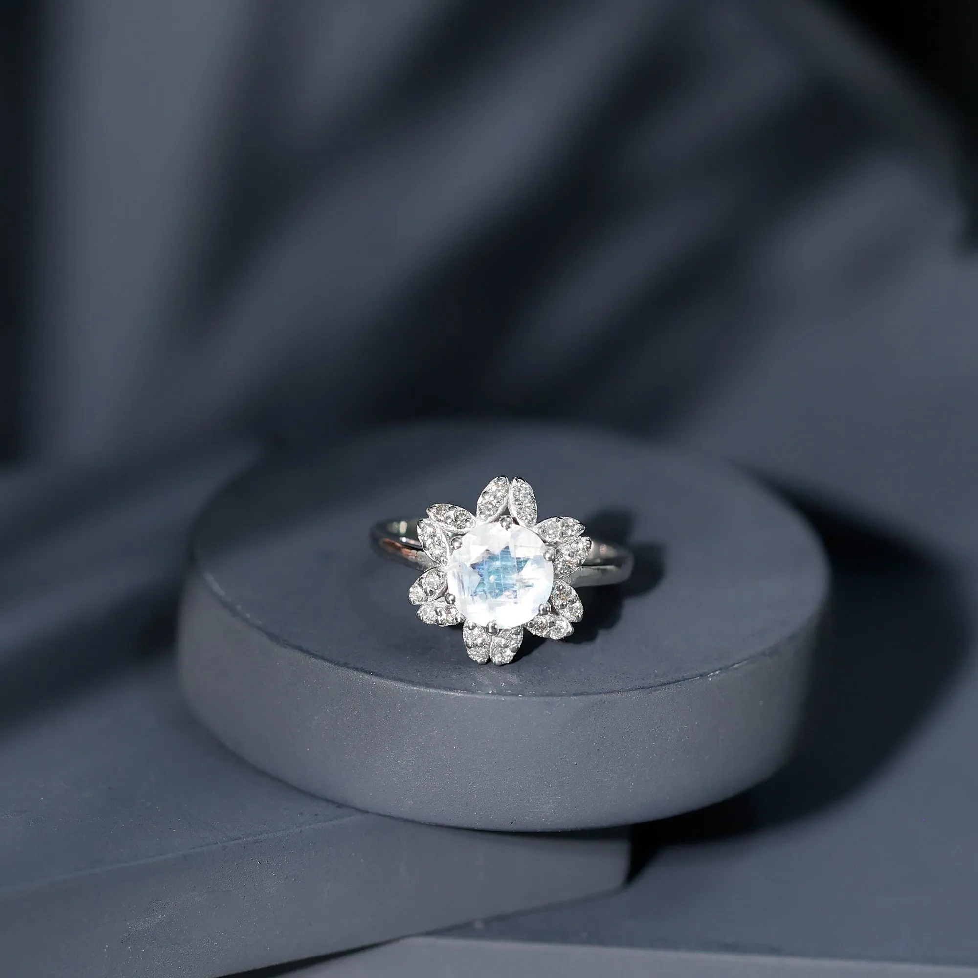 1.25 CT Moonstone and Diamond Floral Halo Ring