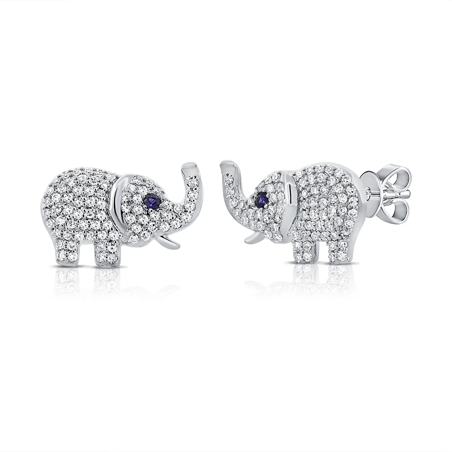 14K Gold Diamond & Sapphire Elephant Stud Earrings - 0.36ct