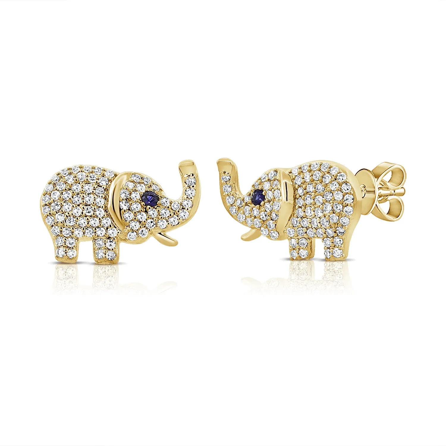 14K Gold Diamond & Sapphire Elephant Stud Earrings - 0.36ct