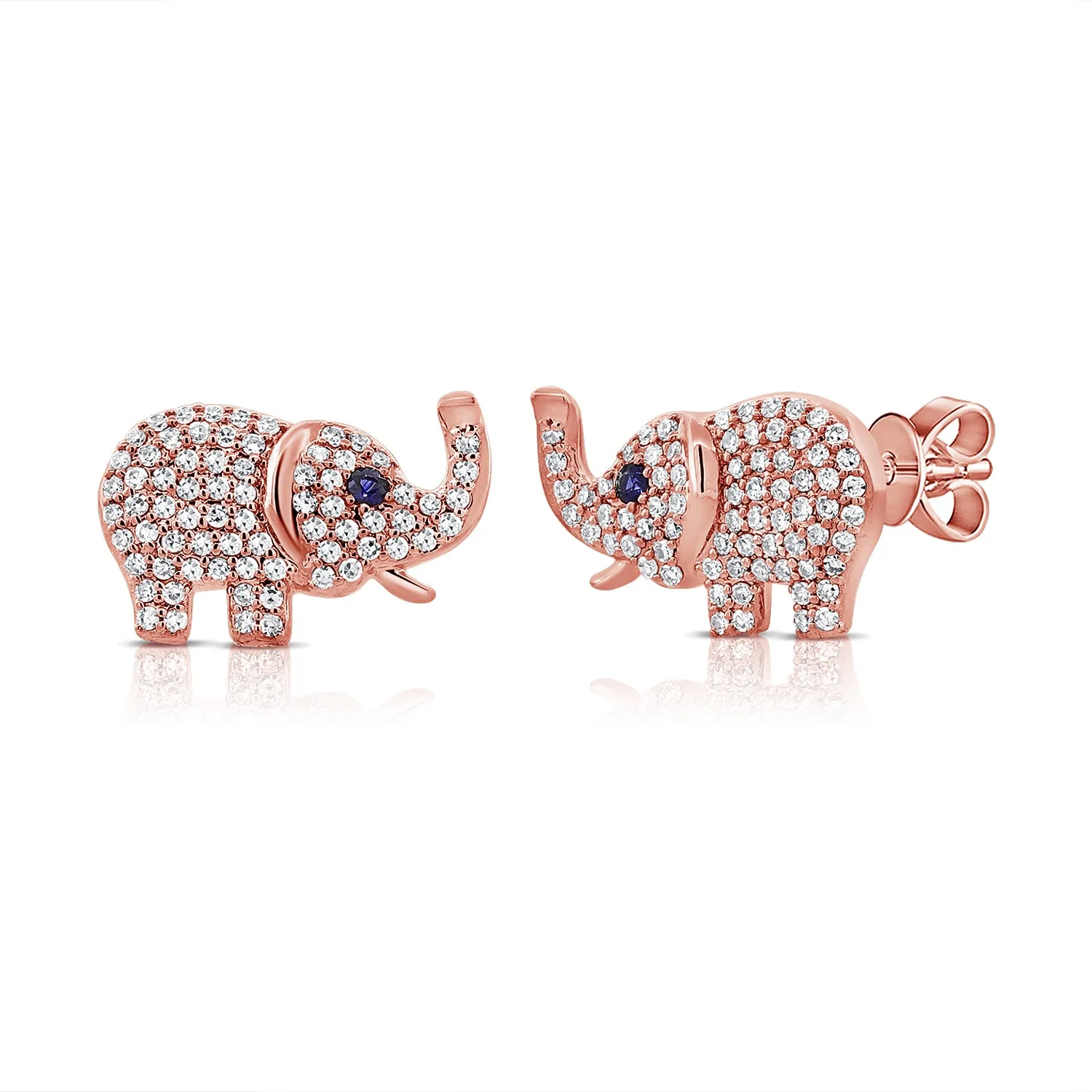 14K Gold Diamond & Sapphire Elephant Stud Earrings - 0.36ct