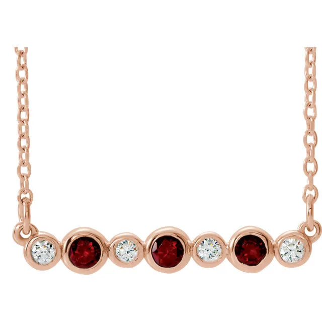 14k Gold Mozambique Garnet & Diamond Bezel Set Bar Necklace - White Yellow or Rose