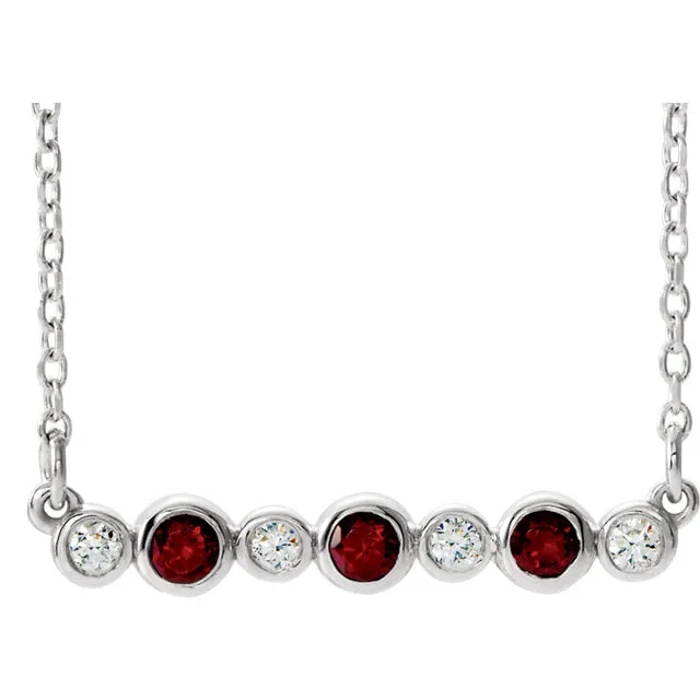14k Gold Mozambique Garnet & Diamond Bezel Set Bar Necklace - White Yellow or Rose