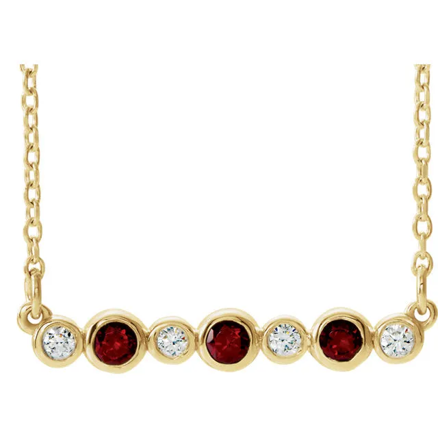 14k Gold Mozambique Garnet & Diamond Bezel Set Bar Necklace - White Yellow or Rose