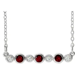 14k Gold Mozambique Garnet & Diamond Bezel Set Bar Necklace - White Yellow or Rose
