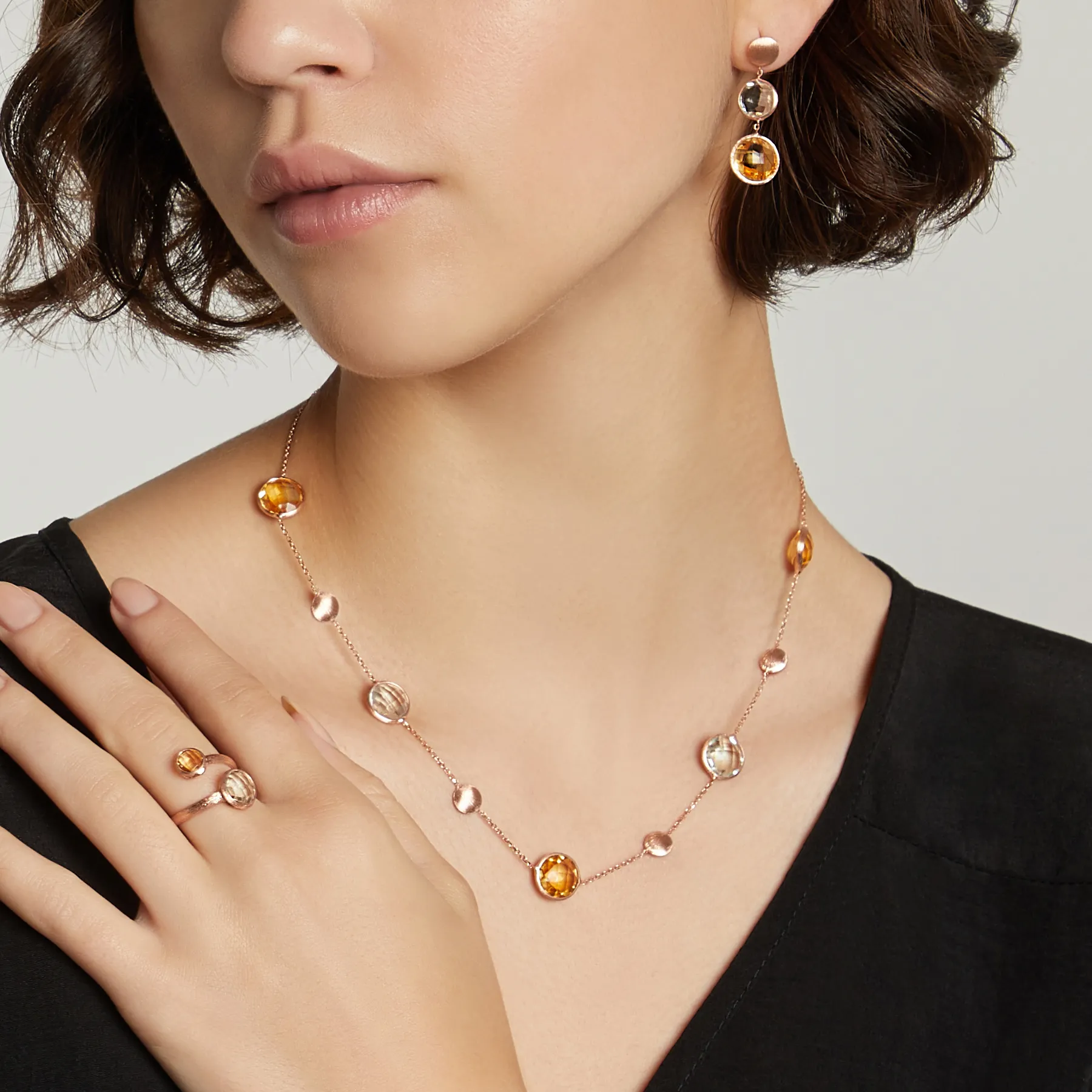 14K satin rose gold Kensington necklace with citrine and prasiolite