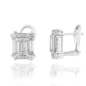 14K WHITE GOLD MIXED CUT DIAMOND OMEGA BACK EARRINGS - 1.34CTW