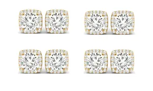 14k Yellow Gold 3Ct Cushion Cut White Sapphire Set Of Four Halo Stud Earrings Plated