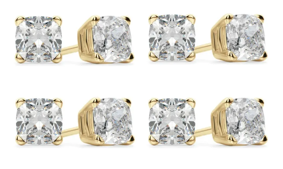 14k Yellow Gold 6mm 1/2Ct Cushion Cut White Sapphire Set Of Four Stud Earrings Plated