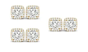 14k Yellow Gold 6mm 1Ct Cushion Cut White Sapphire Set Of Three Halo Stud Earrings Plated