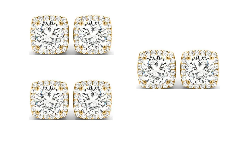 14k Yellow Gold 6mm 1Ct Cushion Cut White Sapphire Set Of Three Halo Stud Earrings Plated
