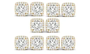 14k Yellow Gold 6mm 4Ct Cushion Cut White Sapphire Set Of Five Halo Stud Earrings Plated