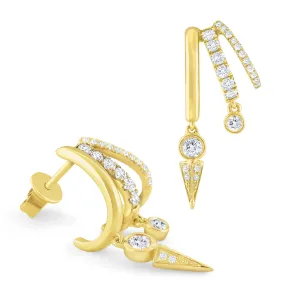 14k Yellow Gold Diamond Triple Hoop Arrow Earrings (I9104)