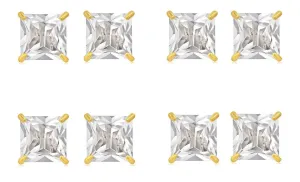 14k Yellow Gold Plated 1Ct Square Cut White Sapphire Set Of Four Stud Earrings