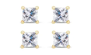14k Yellow Gold Plated 4mm 1Ct Princess Cut White Sapphire Set Of Two Stud Earrings