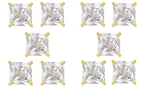 14k Yellow Gold Plated 4mm 1Ct Square Cut White Sapphire Set Of Five Stud Earrings