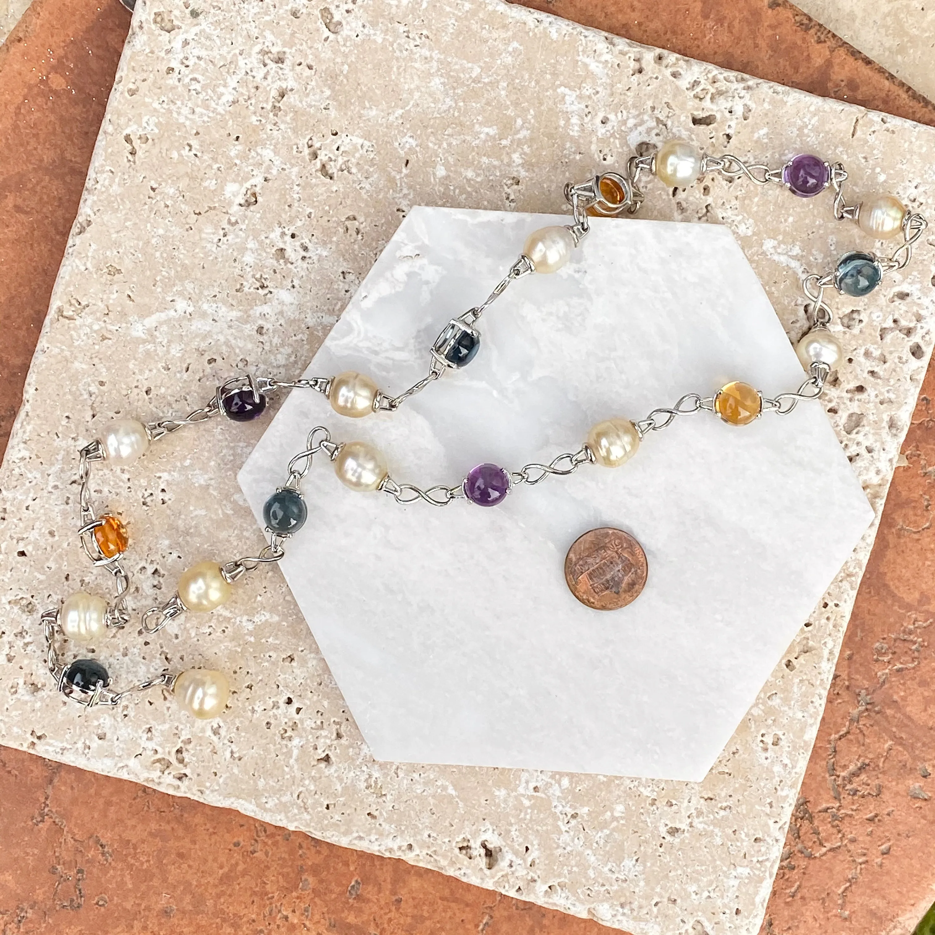 14KT White Gold Paspaley Pearl, Citrine, Amethyst   Blue Topaz Station Lariat Necklace