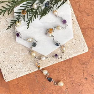 14KT White Gold Paspaley Pearl, Citrine, Amethyst   Blue Topaz Station Lariat Necklace