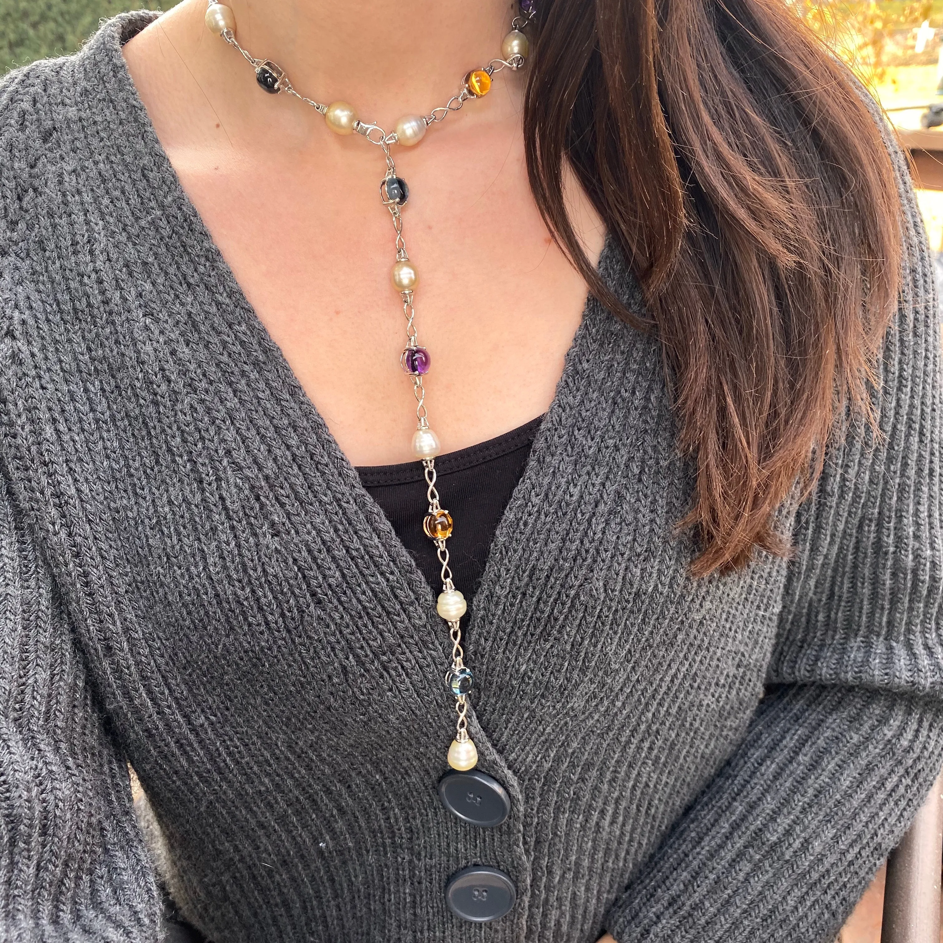 14KT White Gold Paspaley Pearl, Citrine, Amethyst   Blue Topaz Station Lariat Necklace