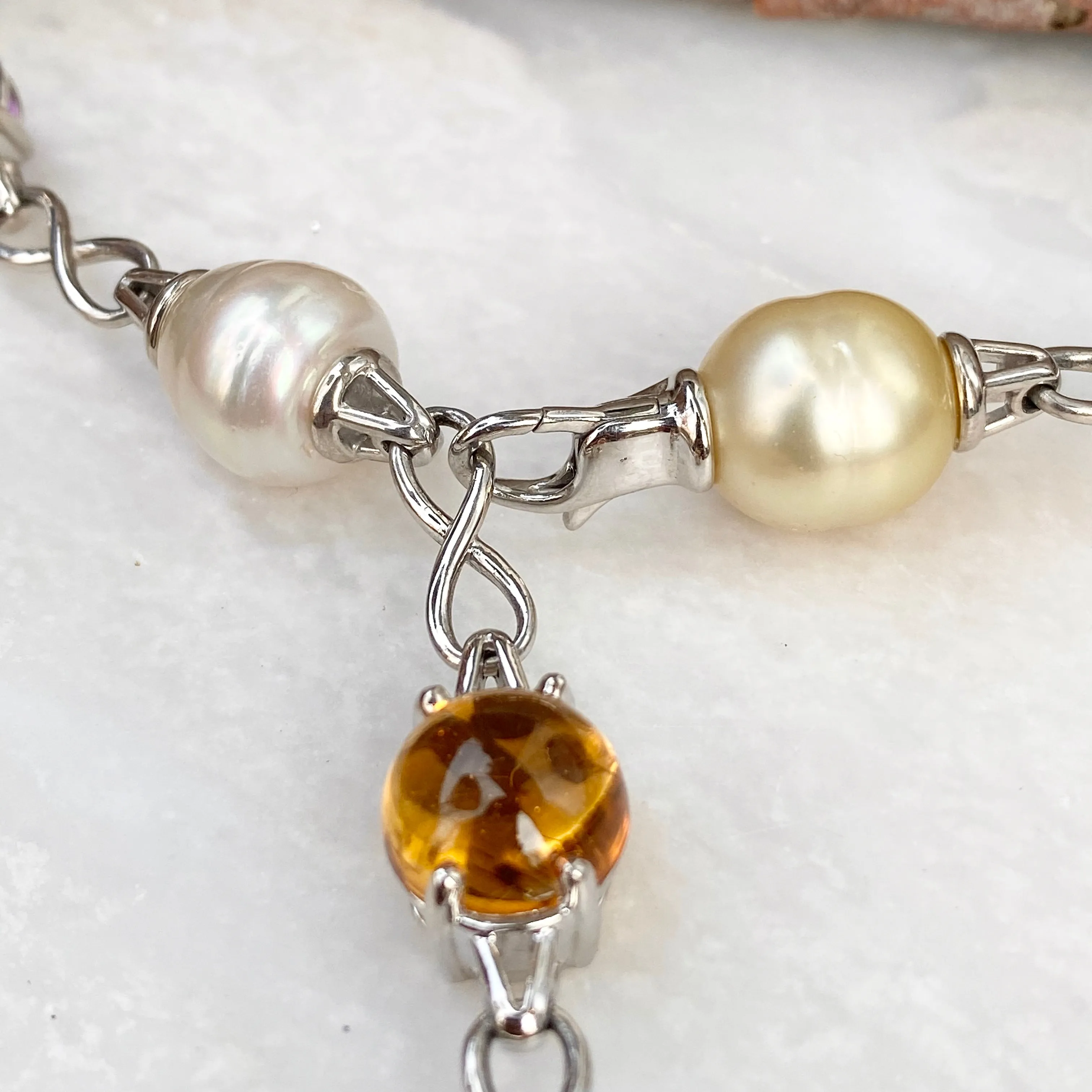 14KT White Gold Paspaley Pearl, Citrine, Amethyst   Blue Topaz Station Lariat Necklace