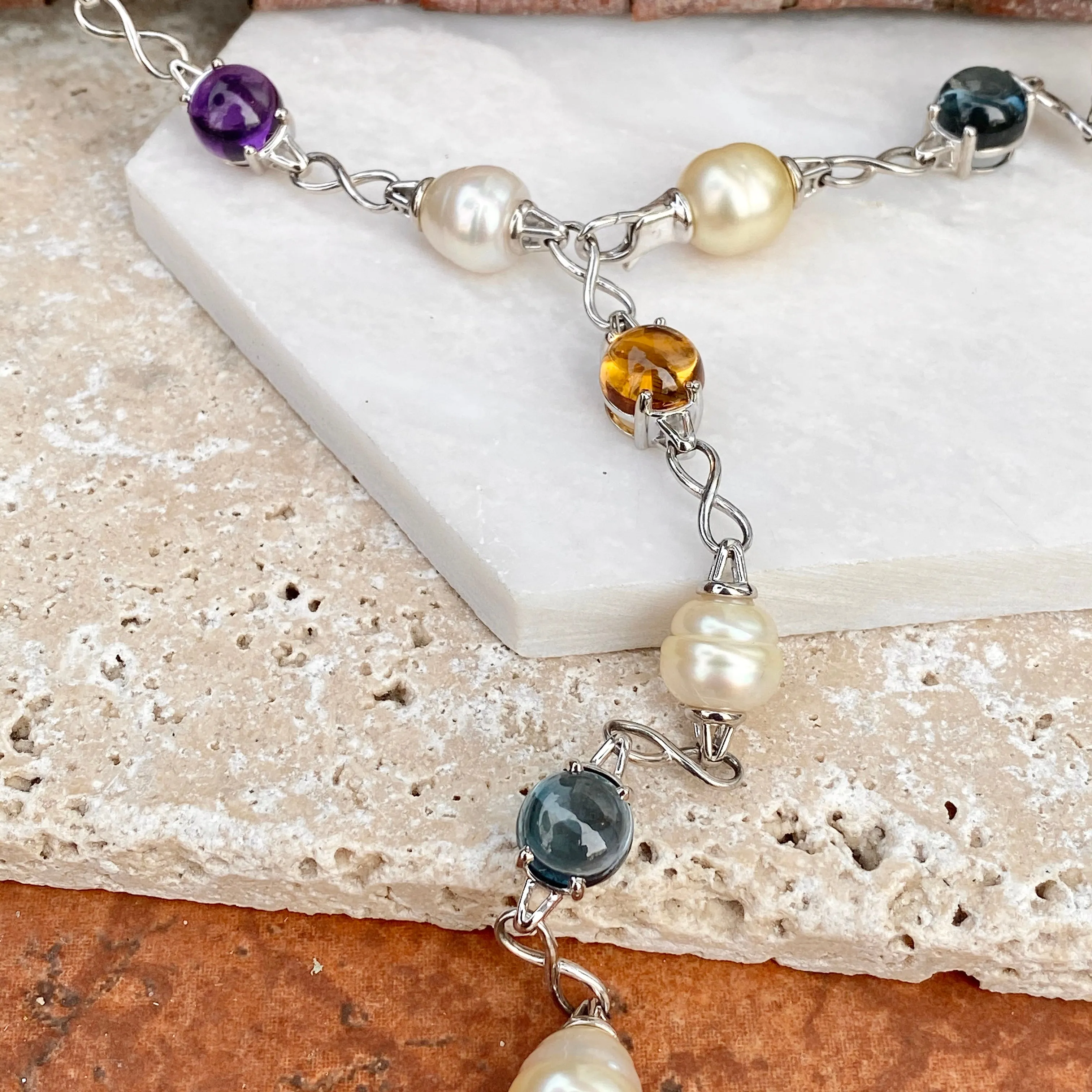 14KT White Gold Paspaley Pearl, Citrine, Amethyst   Blue Topaz Station Lariat Necklace