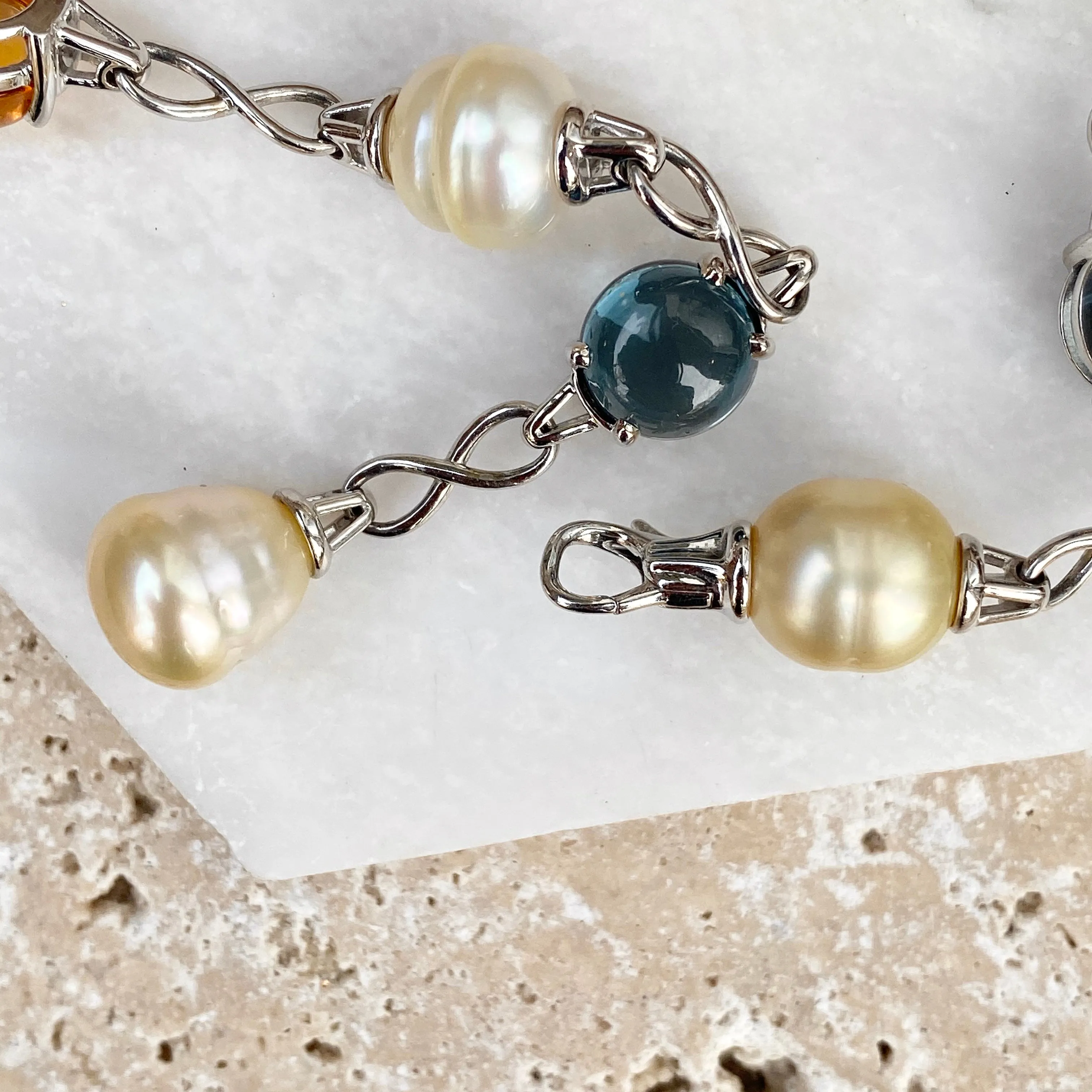 14KT White Gold Paspaley Pearl, Citrine, Amethyst   Blue Topaz Station Lariat Necklace