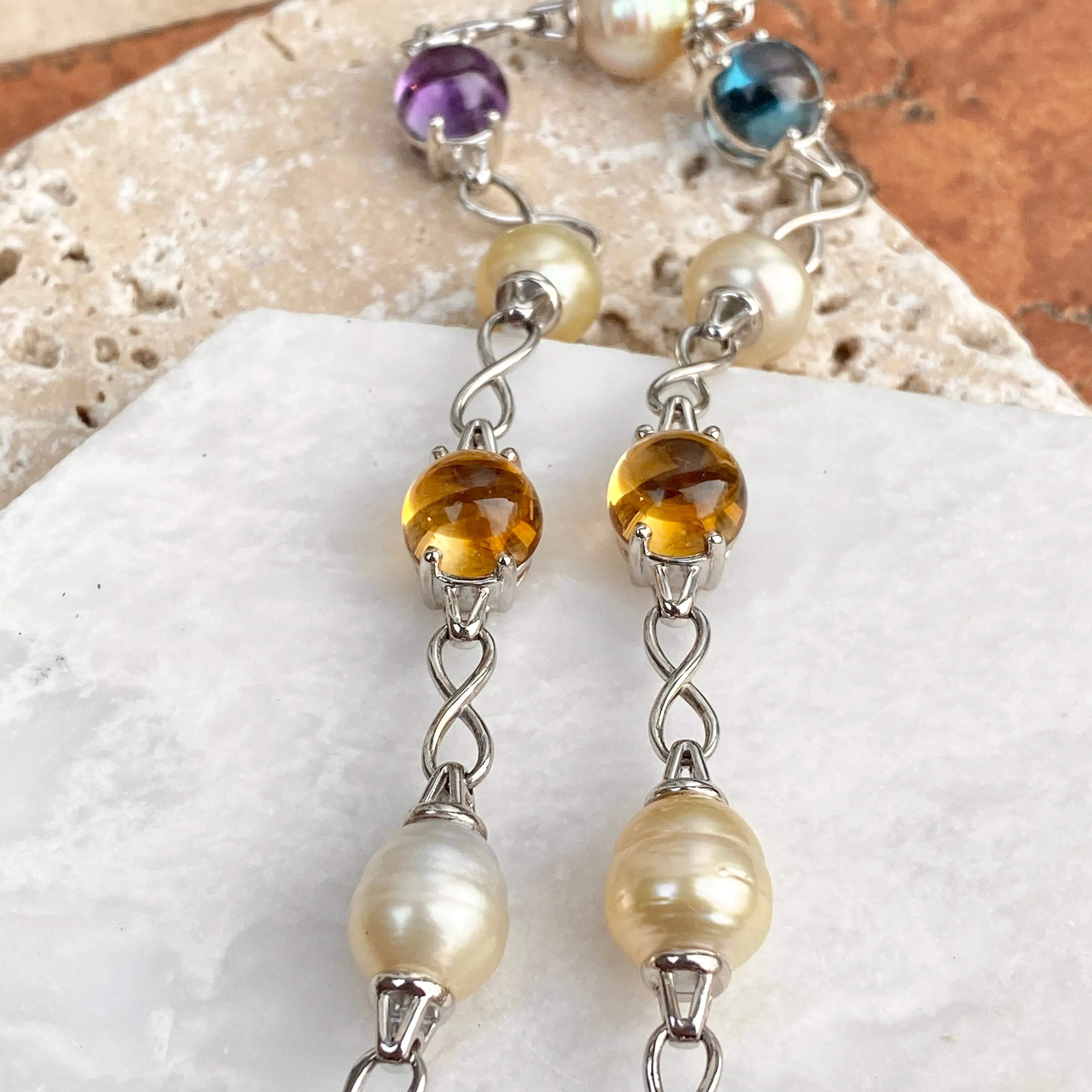 14KT White Gold Paspaley Pearl, Citrine, Amethyst   Blue Topaz Station Lariat Necklace