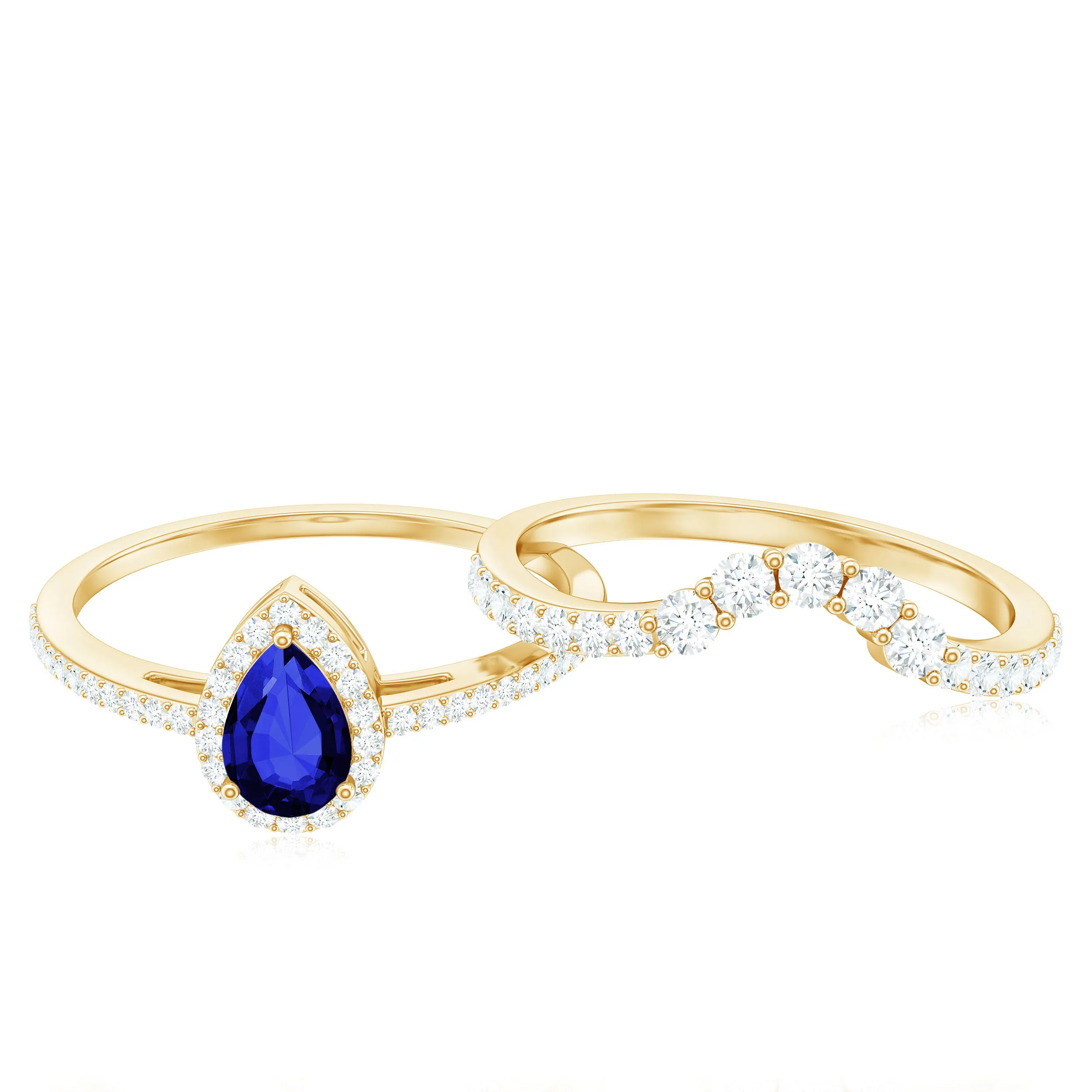 1.5 CT Created Blue Sapphire Designer Teardrop Ring Set with Diamond Band