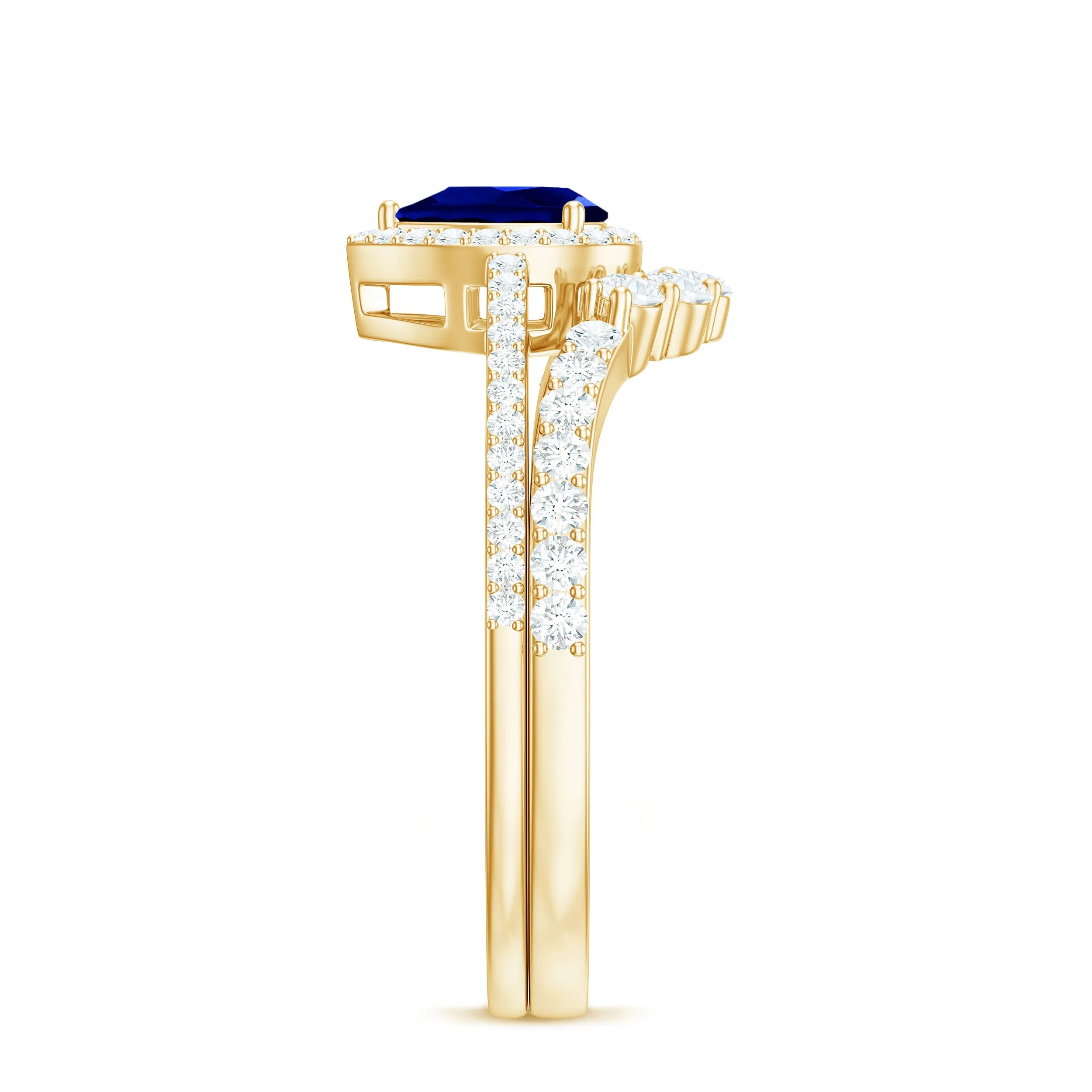 1.5 CT Created Blue Sapphire Designer Teardrop Ring Set with Diamond Band