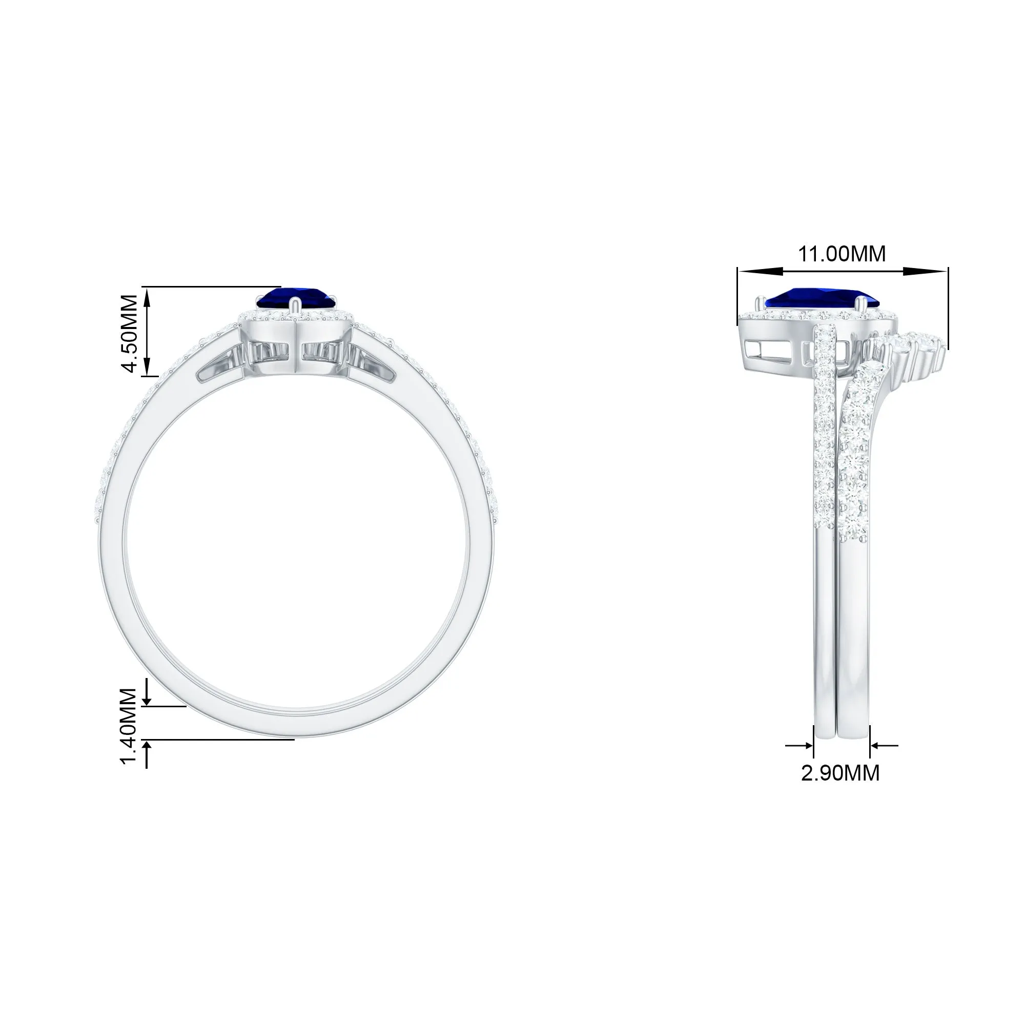 1.5 CT Created Blue Sapphire Designer Teardrop Ring Set with Diamond Band