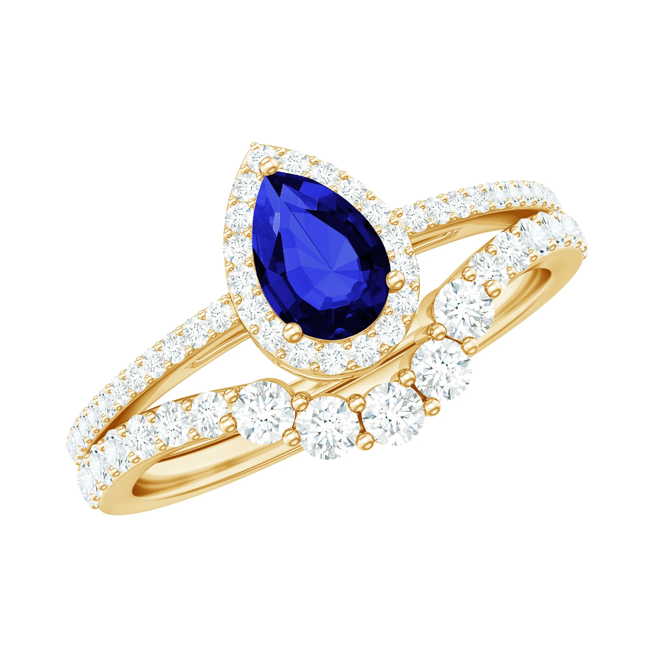 1.5 CT Created Blue Sapphire Designer Teardrop Ring Set with Diamond Band