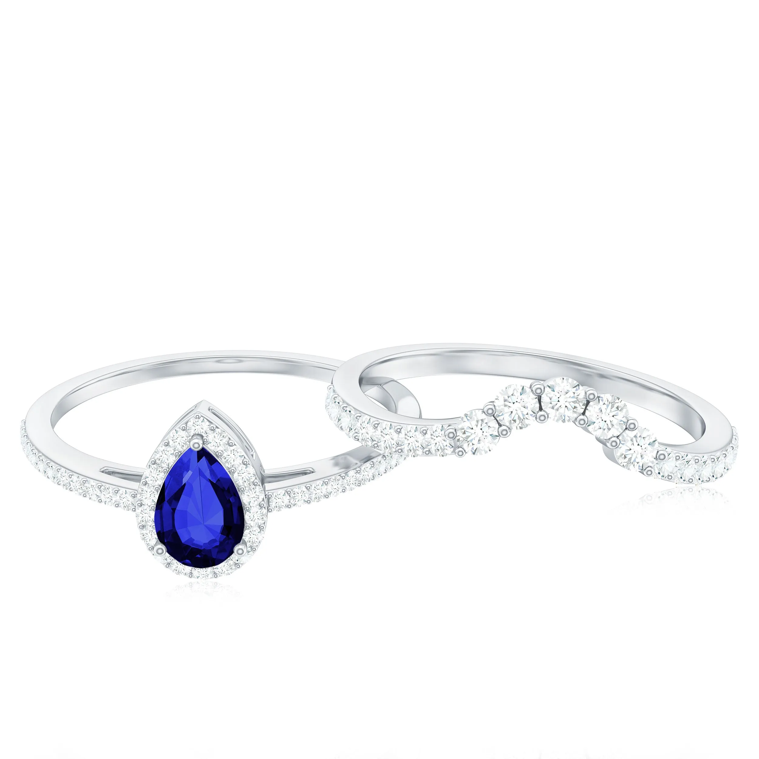 1.5 CT Created Blue Sapphire Designer Teardrop Ring Set with Diamond Band