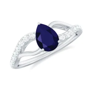 1.5 CT Pear Cut Blue Sapphire Solitaire Split Shank Ring with Diamond