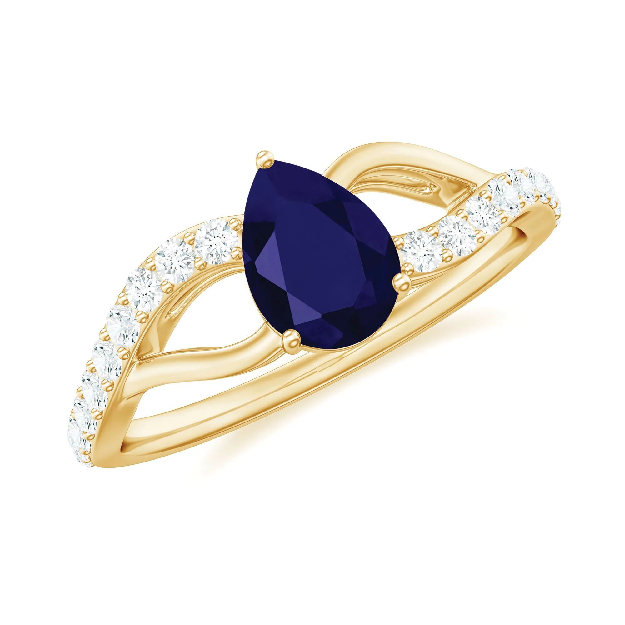 1.5 CT Pear Cut Blue Sapphire Solitaire Split Shank Ring with Diamond