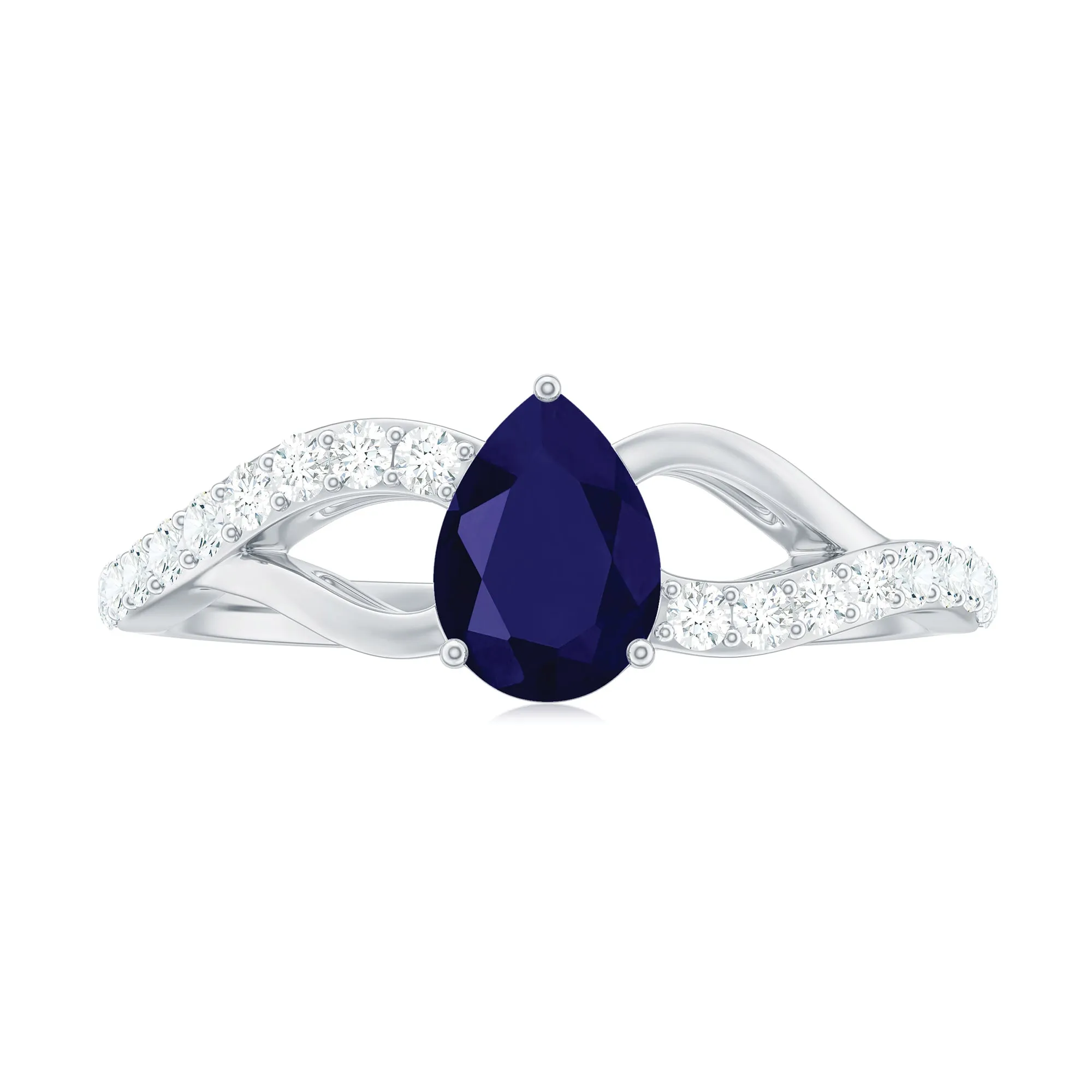 1.5 CT Pear Cut Blue Sapphire Solitaire Split Shank Ring with Diamond