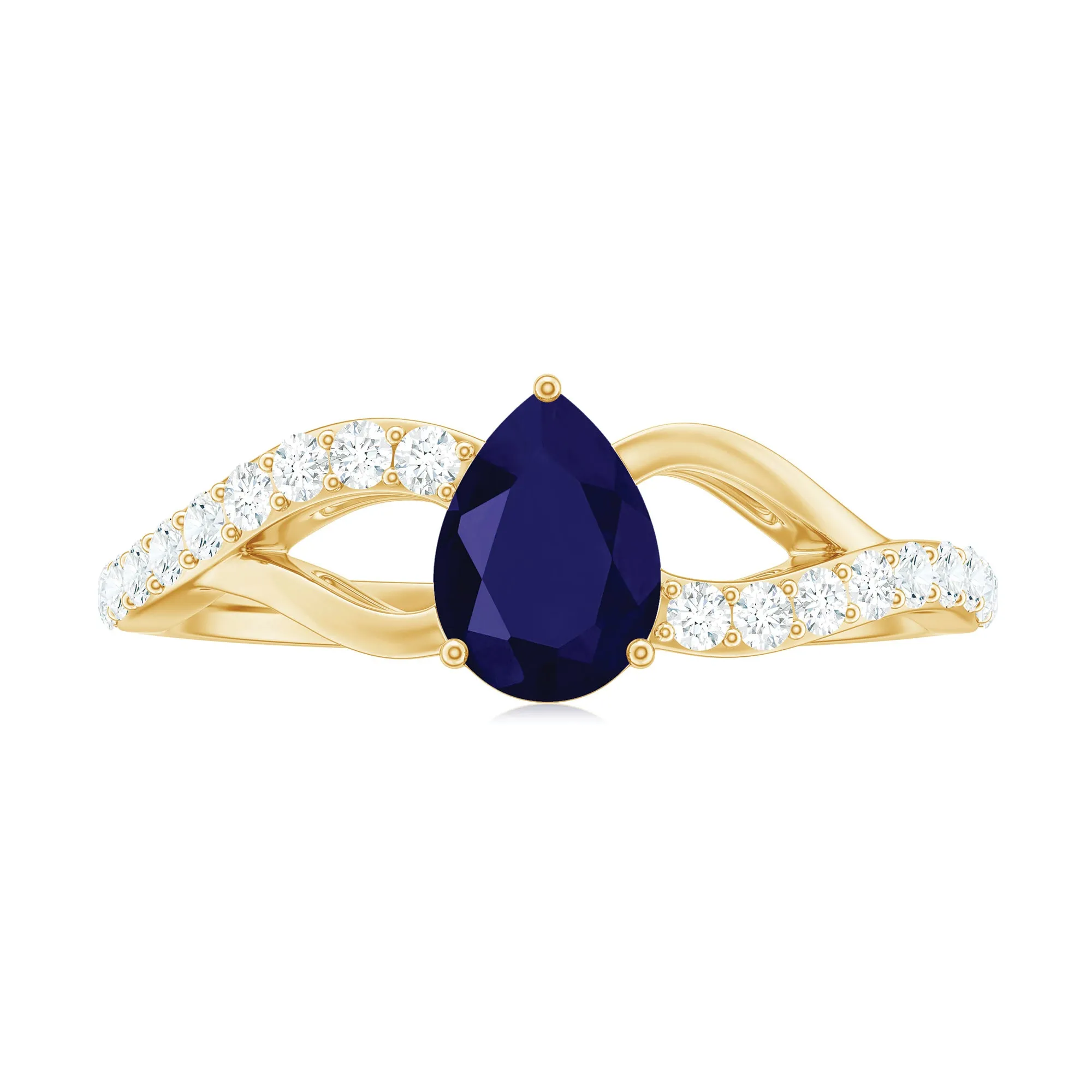 1.5 CT Pear Cut Blue Sapphire Solitaire Split Shank Ring with Diamond