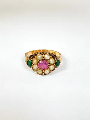 15ct Gold, Victorian, Pearl, Emerald and Almandine Garnet Ring, Hallmarked 1849