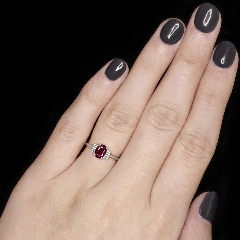 1.60ct NATURAL RUBY DIAMOND RING OVAL SHAPE THREE STONE 14k WHITE GOLD COCKTAIL