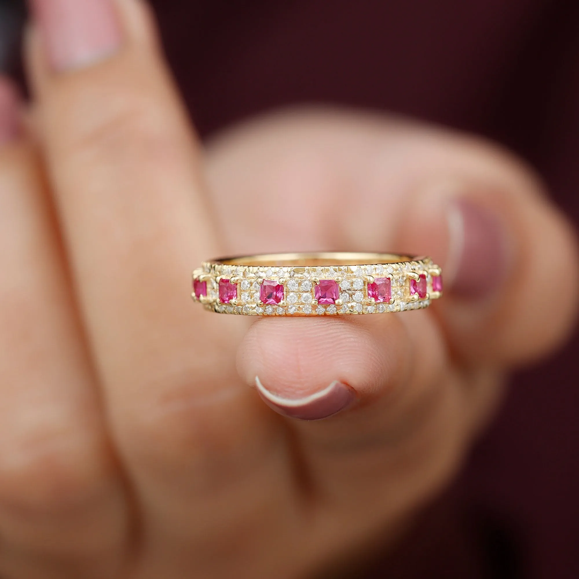 1.75 CT Princess Cut Created Ruby Wedding Band Ring with Diamond Accent