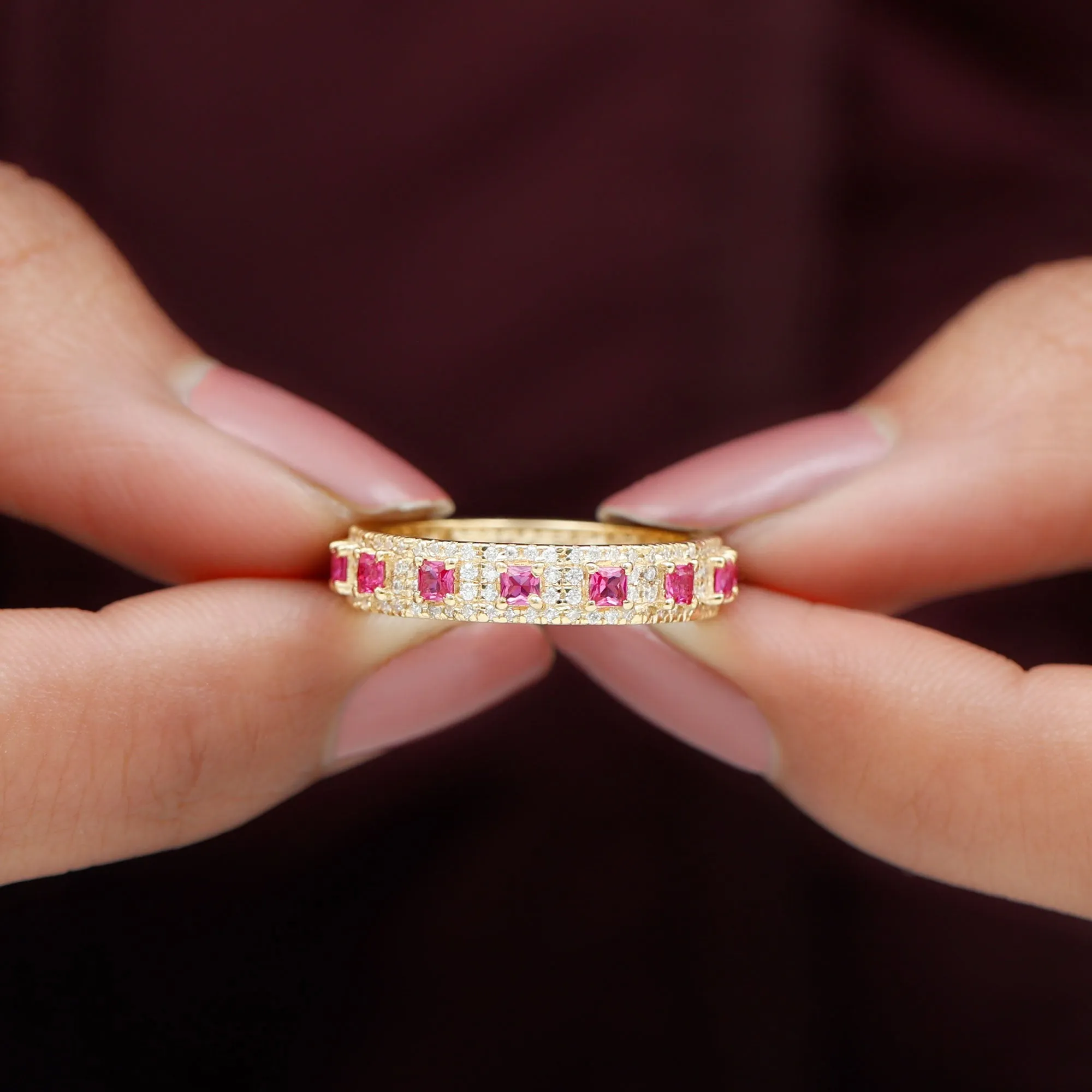 1.75 CT Princess Cut Created Ruby Wedding Band Ring with Diamond Accent