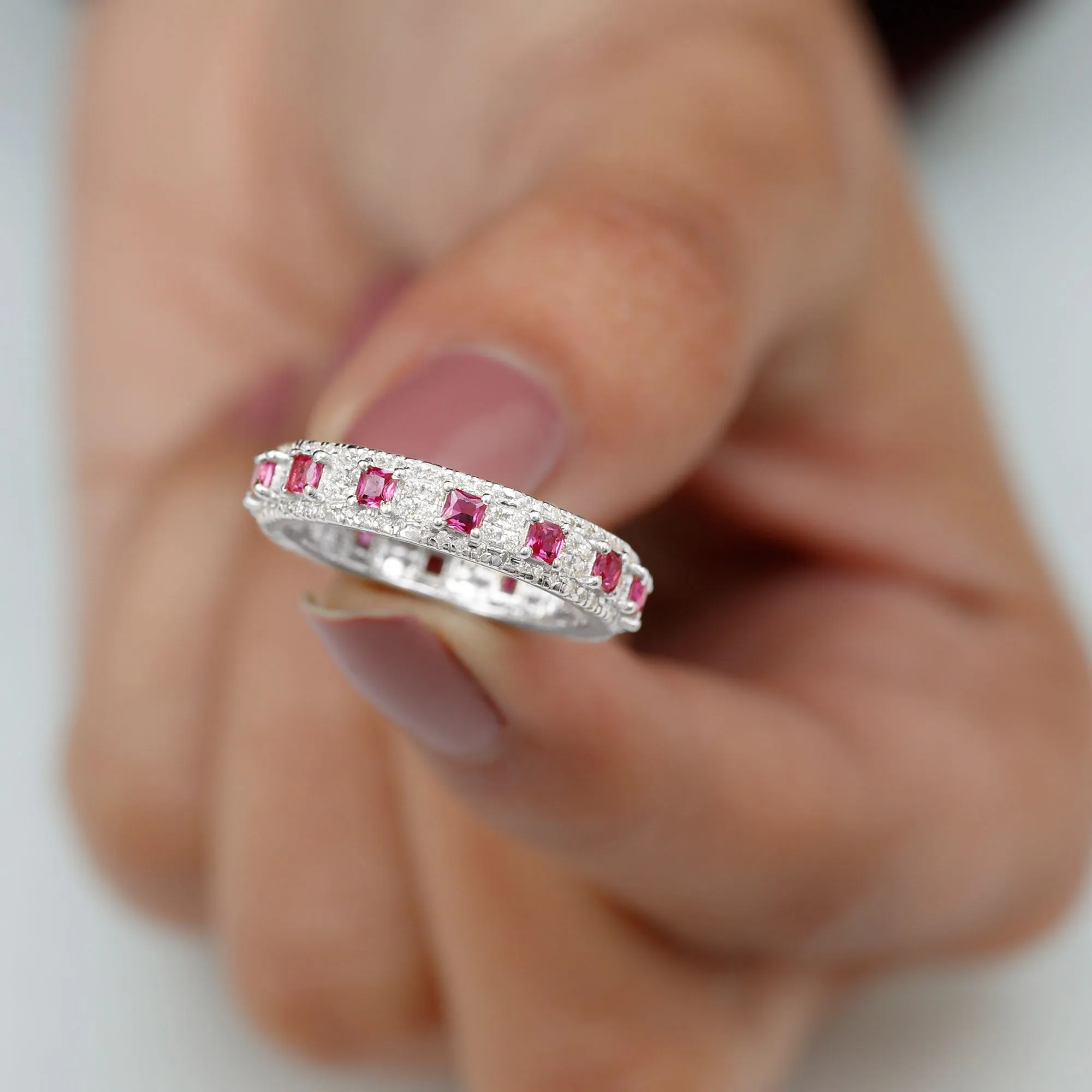 1.75 CT Princess Cut Created Ruby Wedding Band Ring with Diamond Accent