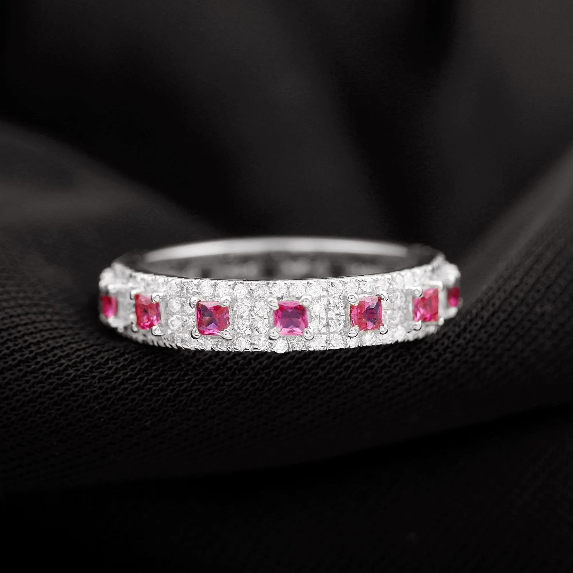 1.75 CT Princess Cut Created Ruby Wedding Band Ring with Diamond Accent