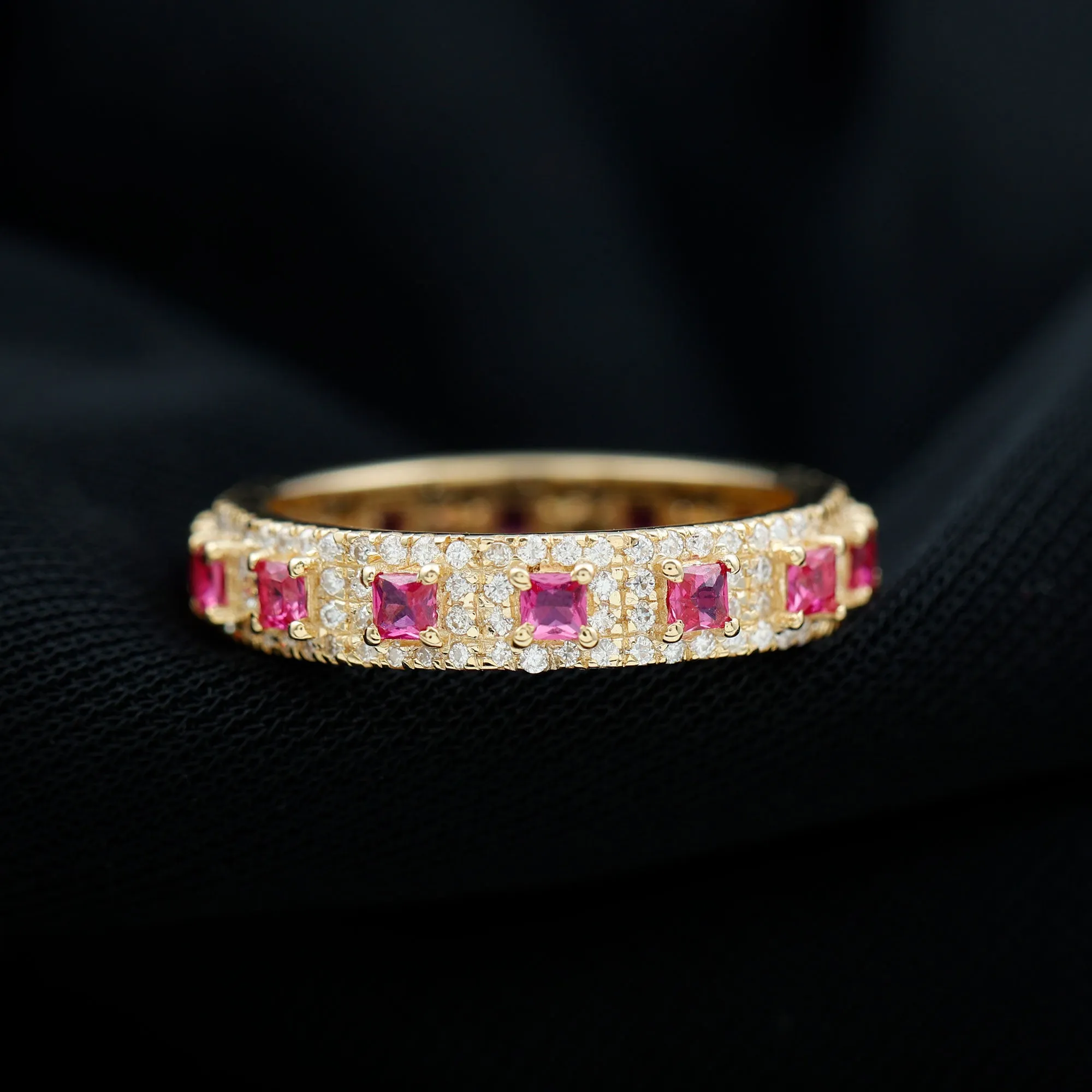 1.75 CT Princess Cut Created Ruby Wedding Band Ring with Diamond Accent
