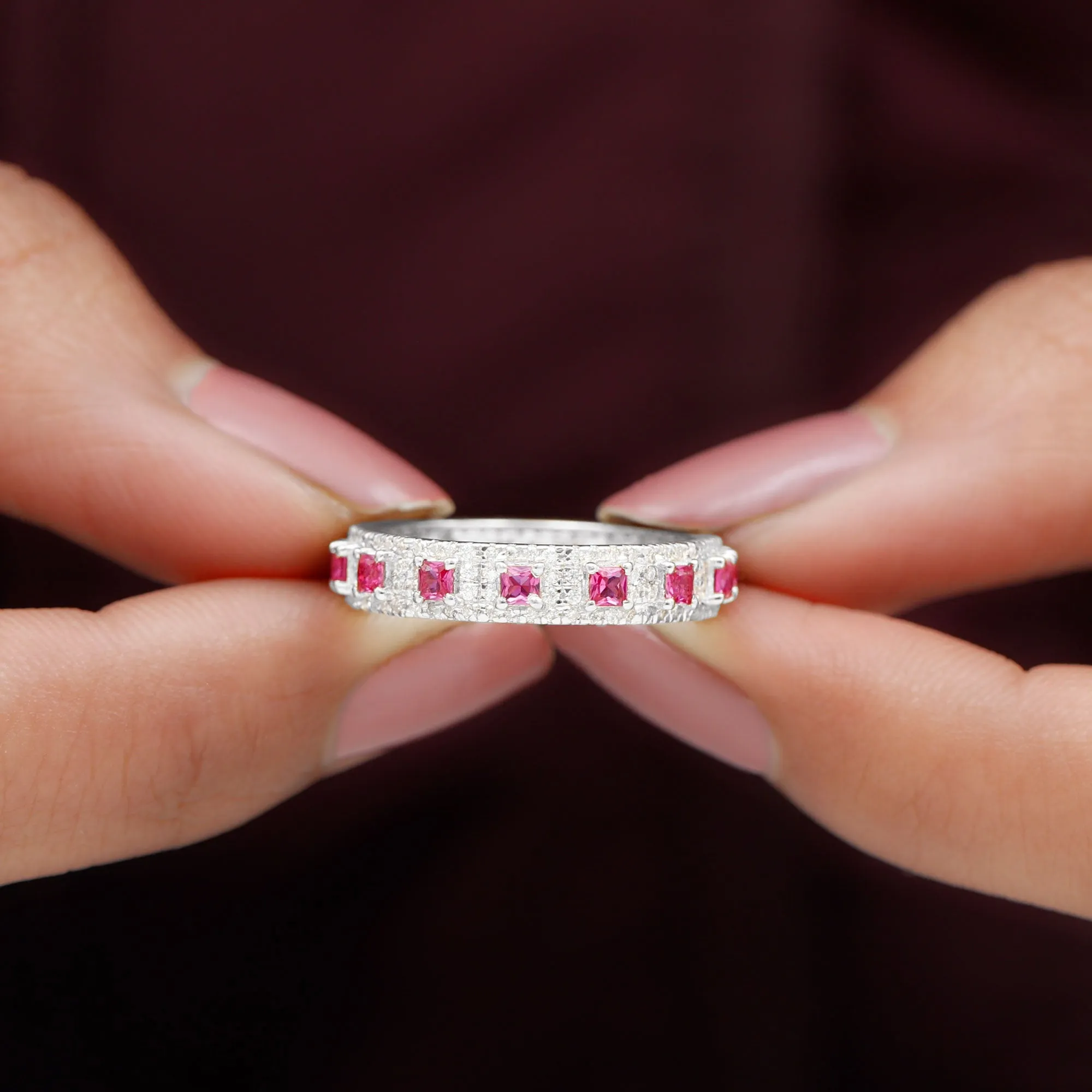 1.75 CT Princess Cut Created Ruby Wedding Band Ring with Diamond Accent
