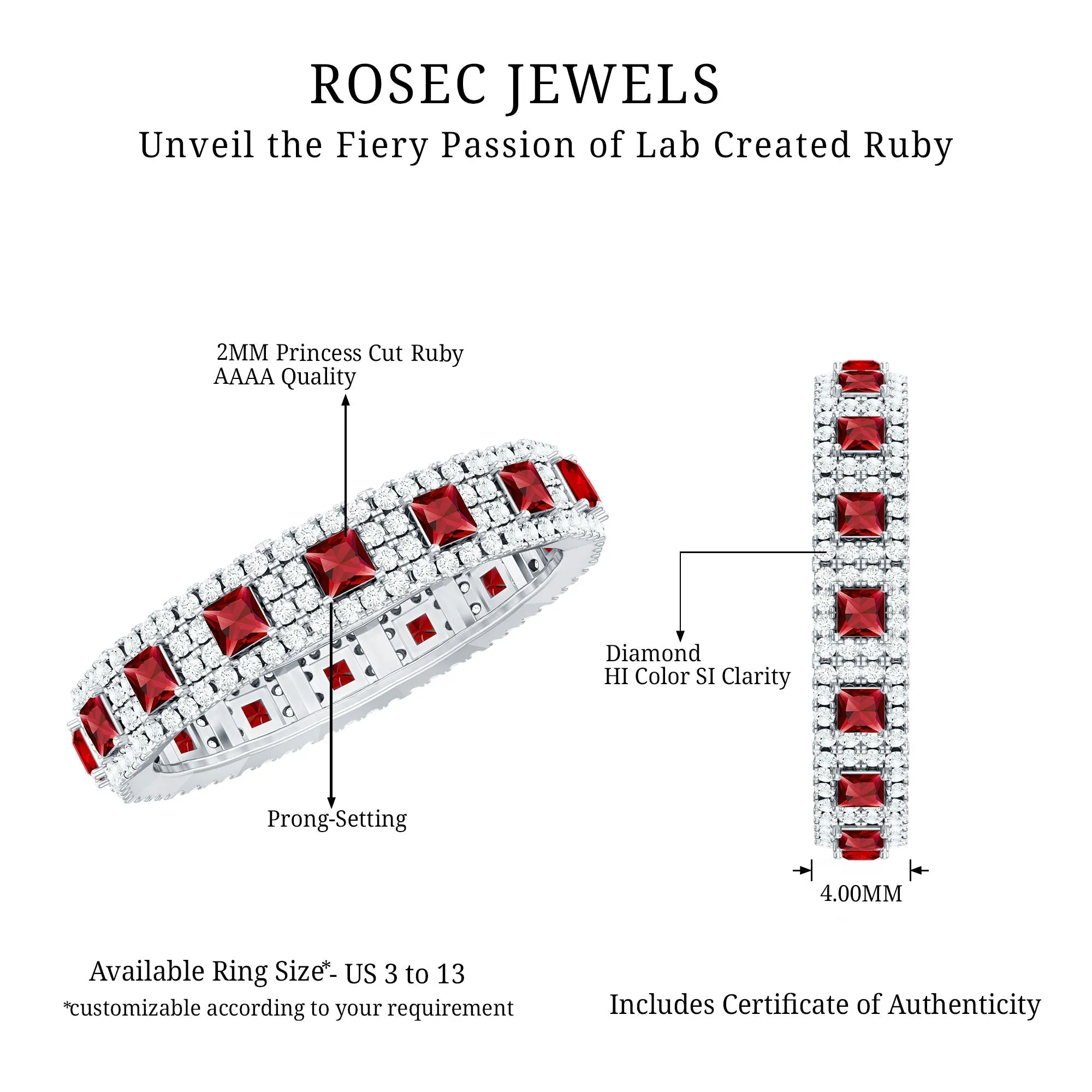 1.75 CT Princess Cut Created Ruby Wedding Band Ring with Diamond Accent